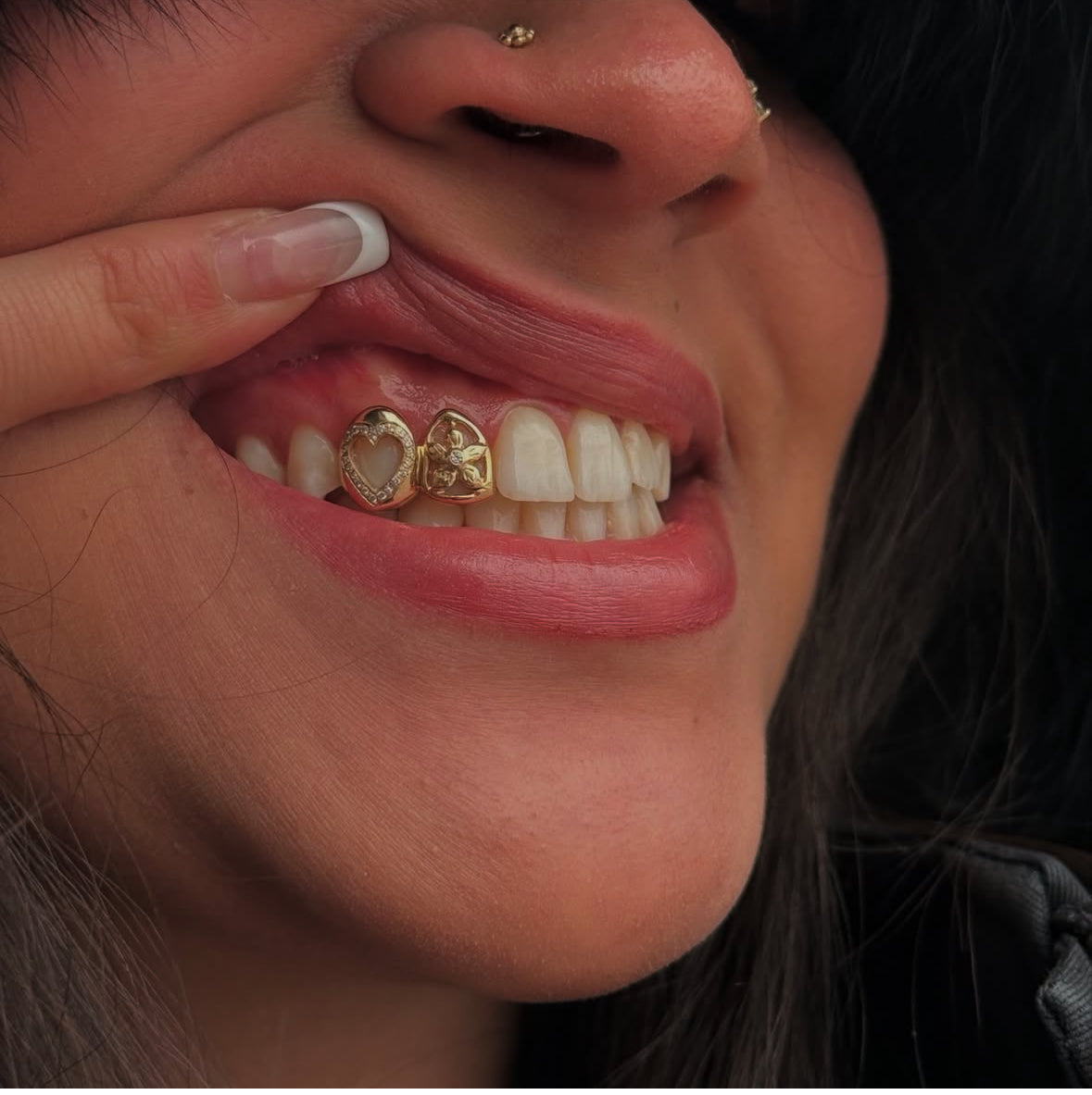Flower & Diamond heart grillz combo